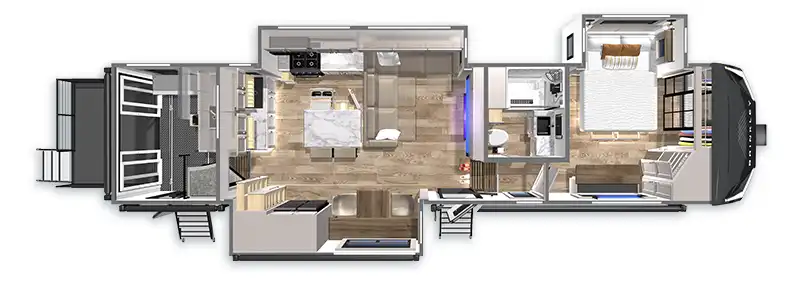 G3250 Toy Hauler Garage eBikes Outside Kitchen Patio Floorplan 