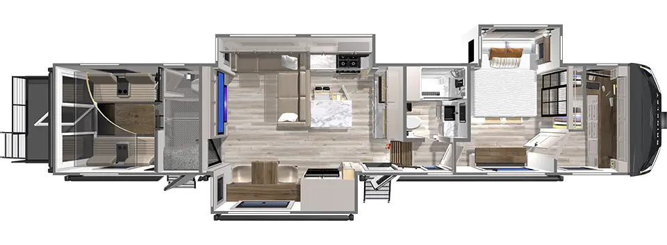 G 4150 Fifth Wheel Toy Hauler Floorplan with a Private Office & Desk by Brinkley RV