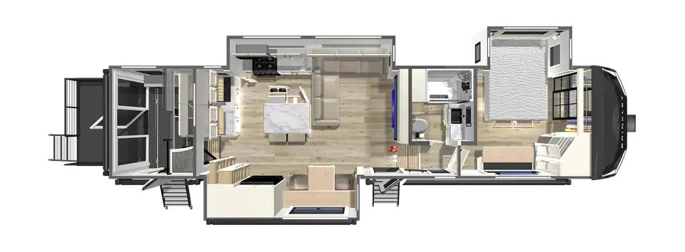 Brinkley RV Model G 3250 Toy Hauler Floorplan 2027 G 3250 Toy Hauler Garage eBikes Outside Kitchen Patio Floorplan