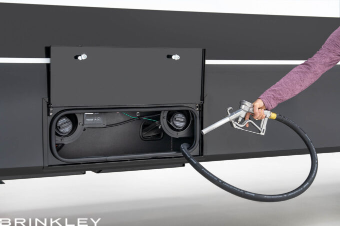 Brinkley RV Model Gx 3500x fuel station with 60-gallon capacity and integrated pump for generators and toys.