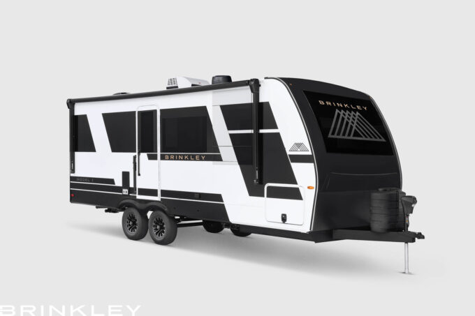 Brinkley Model I RV with a modern automotive painted aluminum exterior built-to-last, shown against a clean white background.