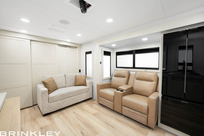 Model I 294 Luxury Travel Trailer with Sofa & Tri-Fold Sleeper Sleeps 6-8 people in total