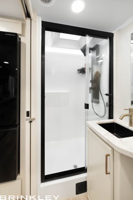 Large RV Shower, at 36x30 molded fiberglass shower with Dotless Neo LED lighting and residential sprayer