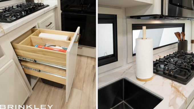 Travel Trailer kitchen featuring the Brinkley Panty Dropper, a portable Stow 'n Go paper towel caddy