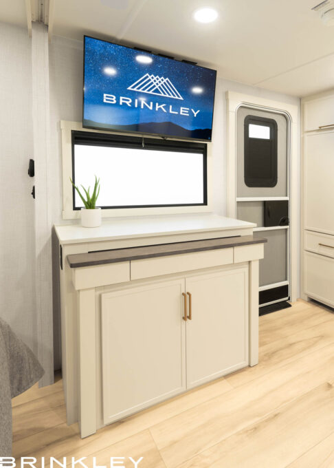Model Ix 23x Travel Trailers Living Room TV Hutch 2026 Brinkley RV 0889