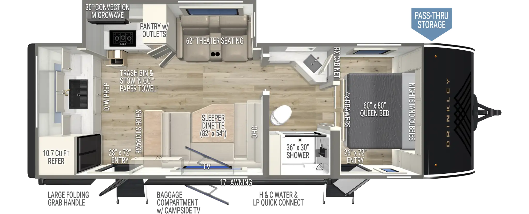 | Model I 26x Travel Trailers 1 Brinkley RV Model I 26x Lightweight Travel Trailer Floorplan With Rear Kitchen and Theater Seating